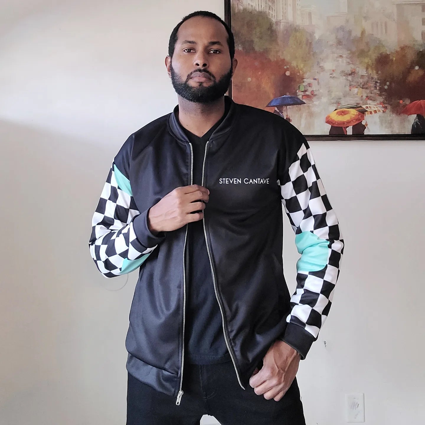 Black Bomber Jacket With Checkered Sleeves