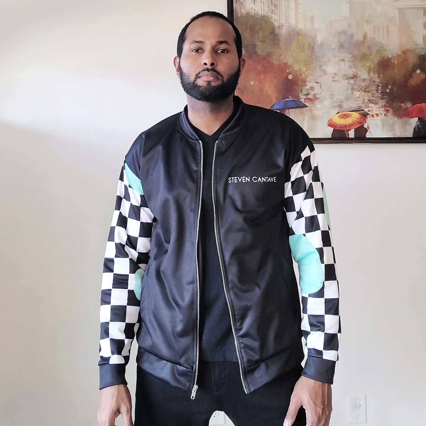 Black Bomber Jacket With Checkered Sleeves