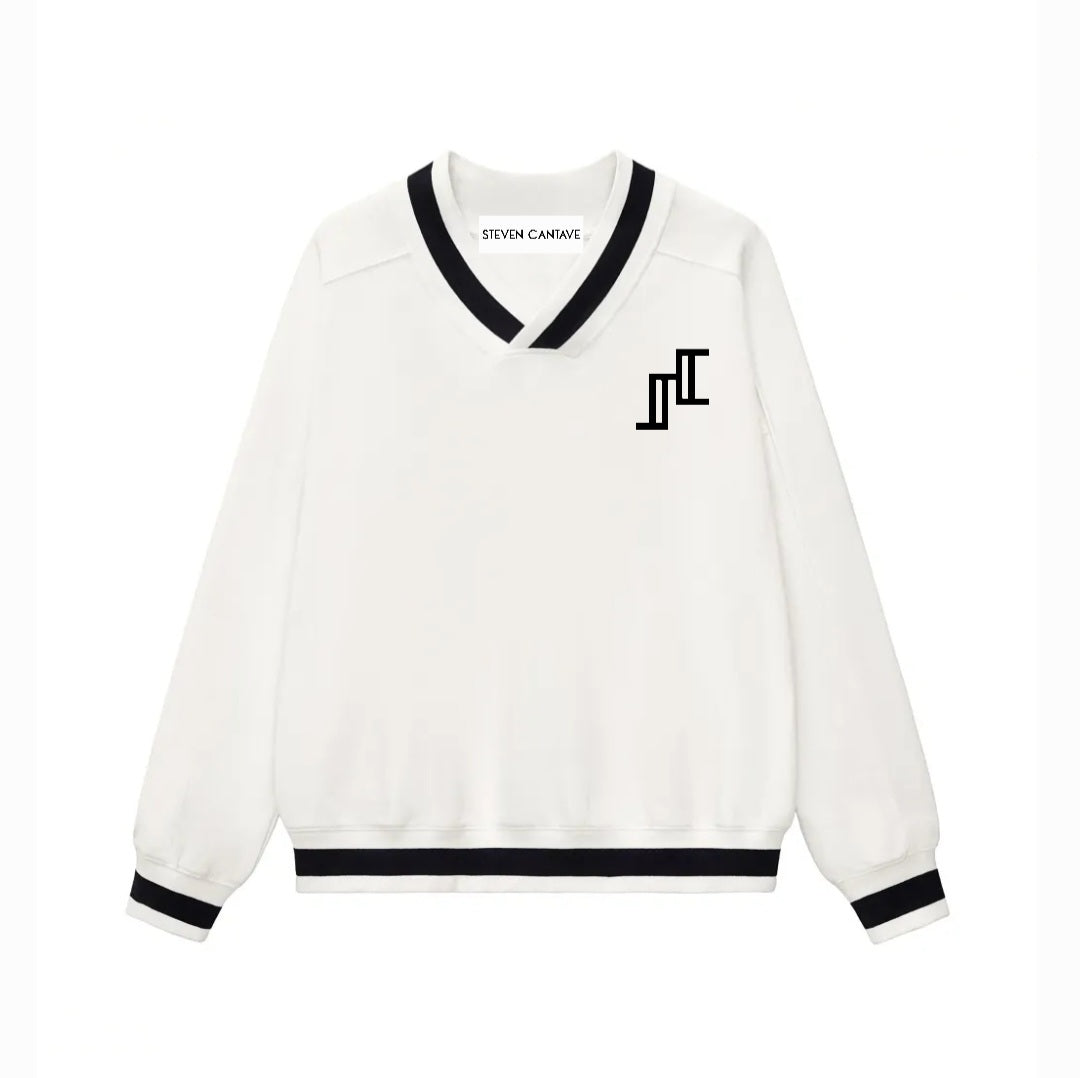 V-Neck Contrast Collar Sweater In White