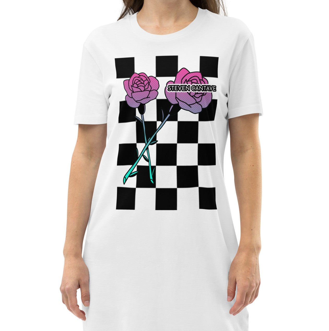 White T-Shirt Dress With Roses On Checker