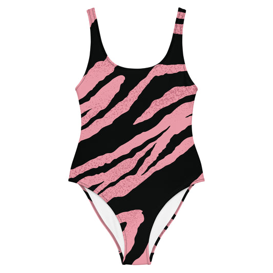 One-Piece Swimsuit With Pink And Black Zebra