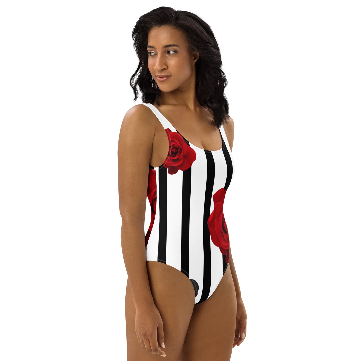 One-Piece Swimsuit With Stripes And Roses