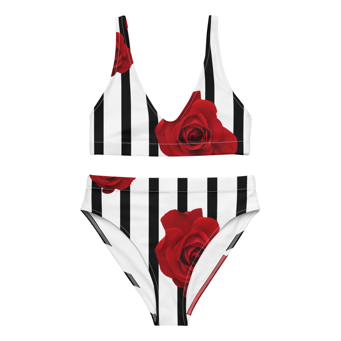 High-Waisted Bikini With Stripes And Roses