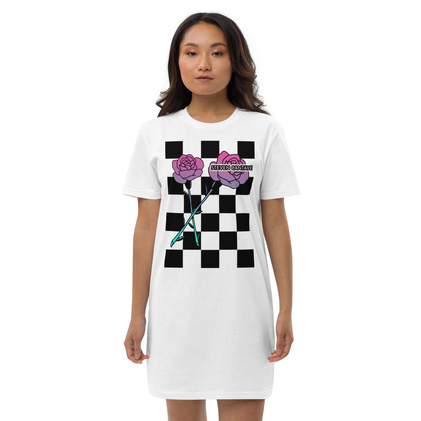 White T-Shirt Dress With Roses On Checker