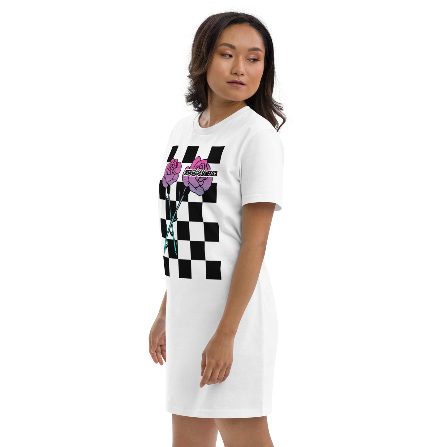 White T-Shirt Dress With Roses On Checker