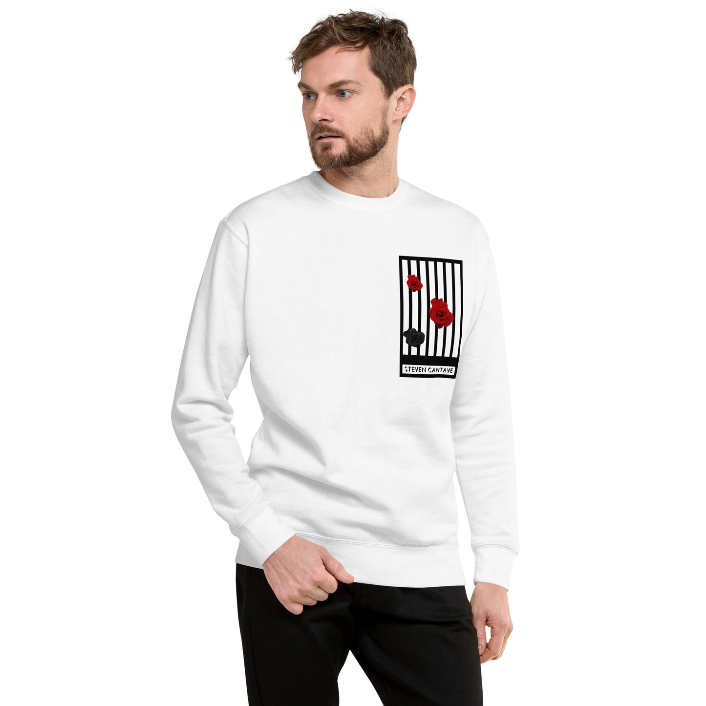 White Sweatshirt With Roses And Stripes On Left Chest